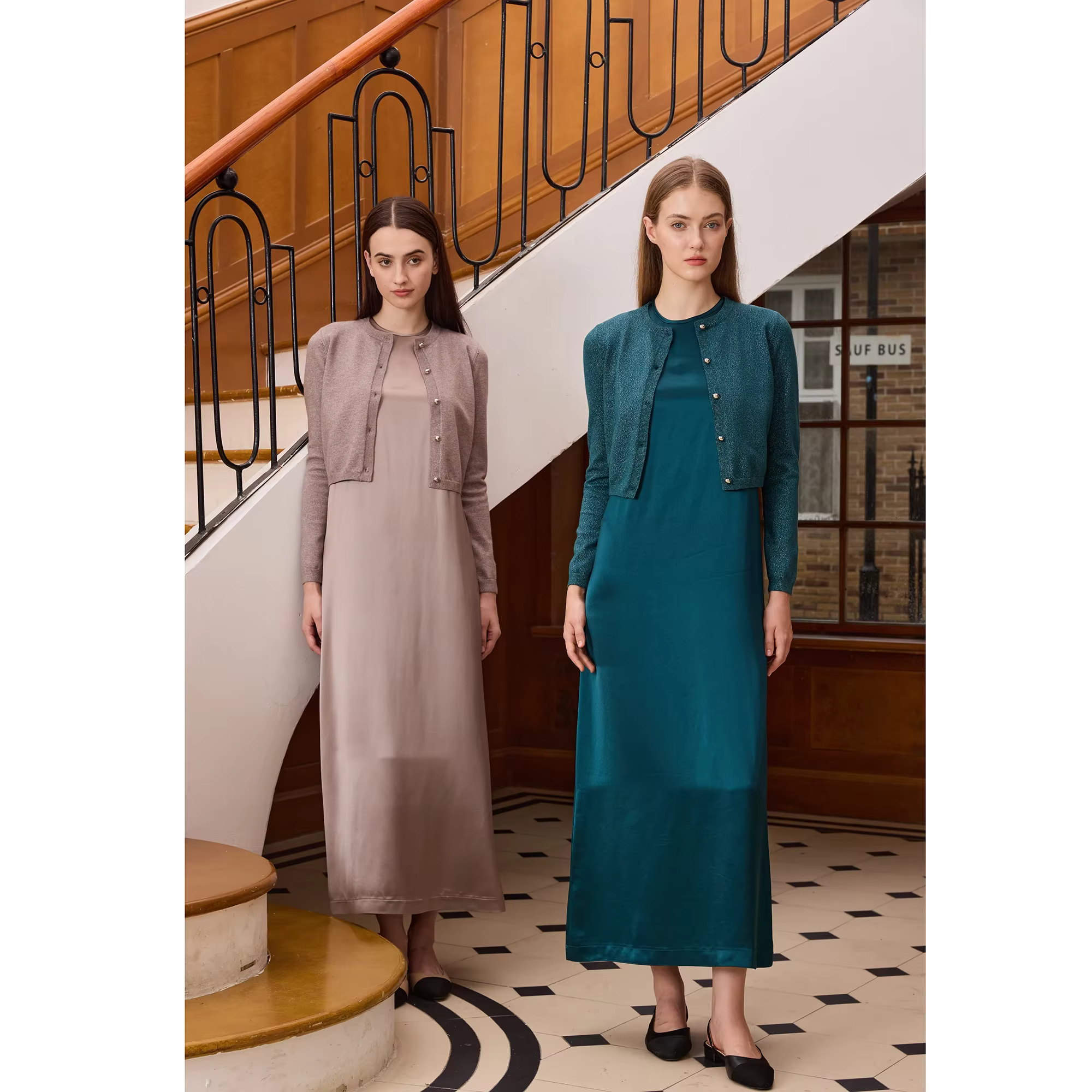 Satin Maxi Dress with Lurex Cardigan