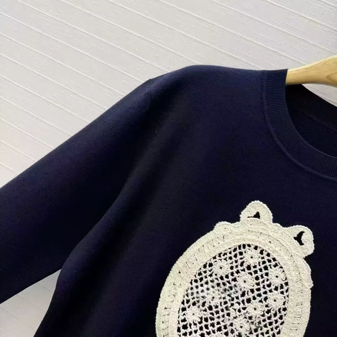 Lace-Embroidered Wool Knit Sweater