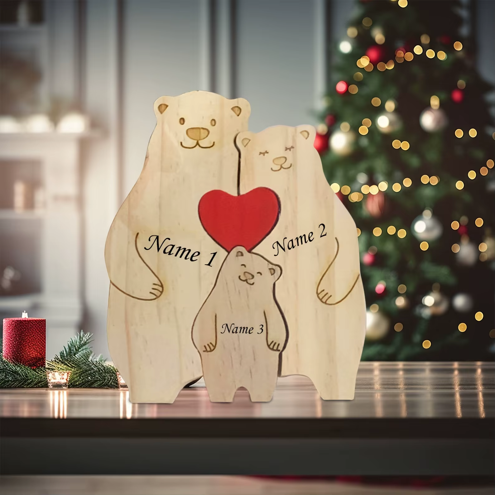 Wooden Bear Family Name Ornament