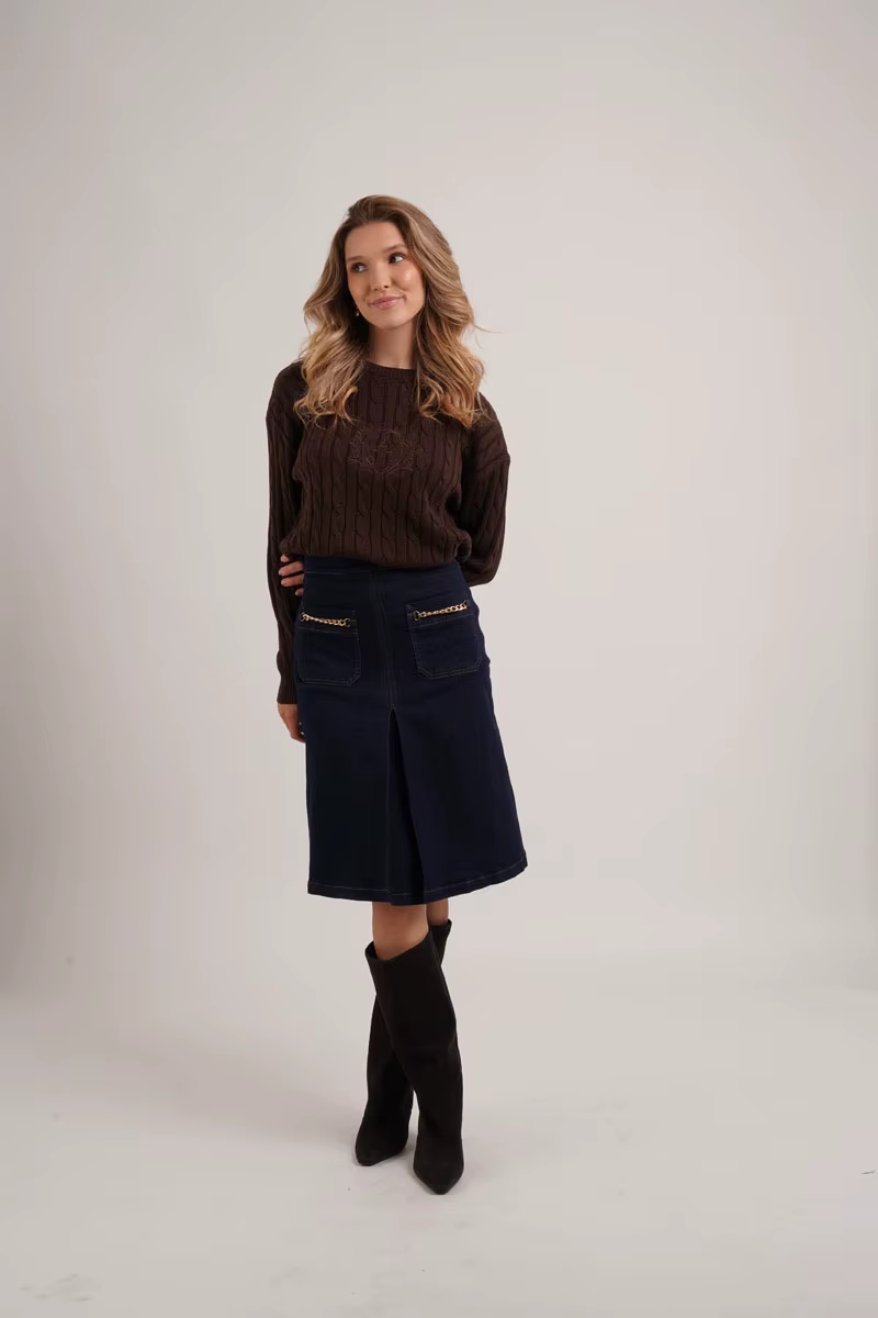 Denim Chain-Pocket Midi Skirt – Brown