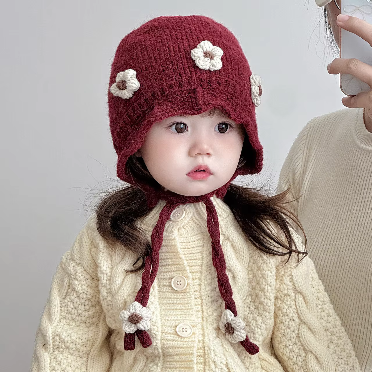 Embroidered Flower Knit Bonnet