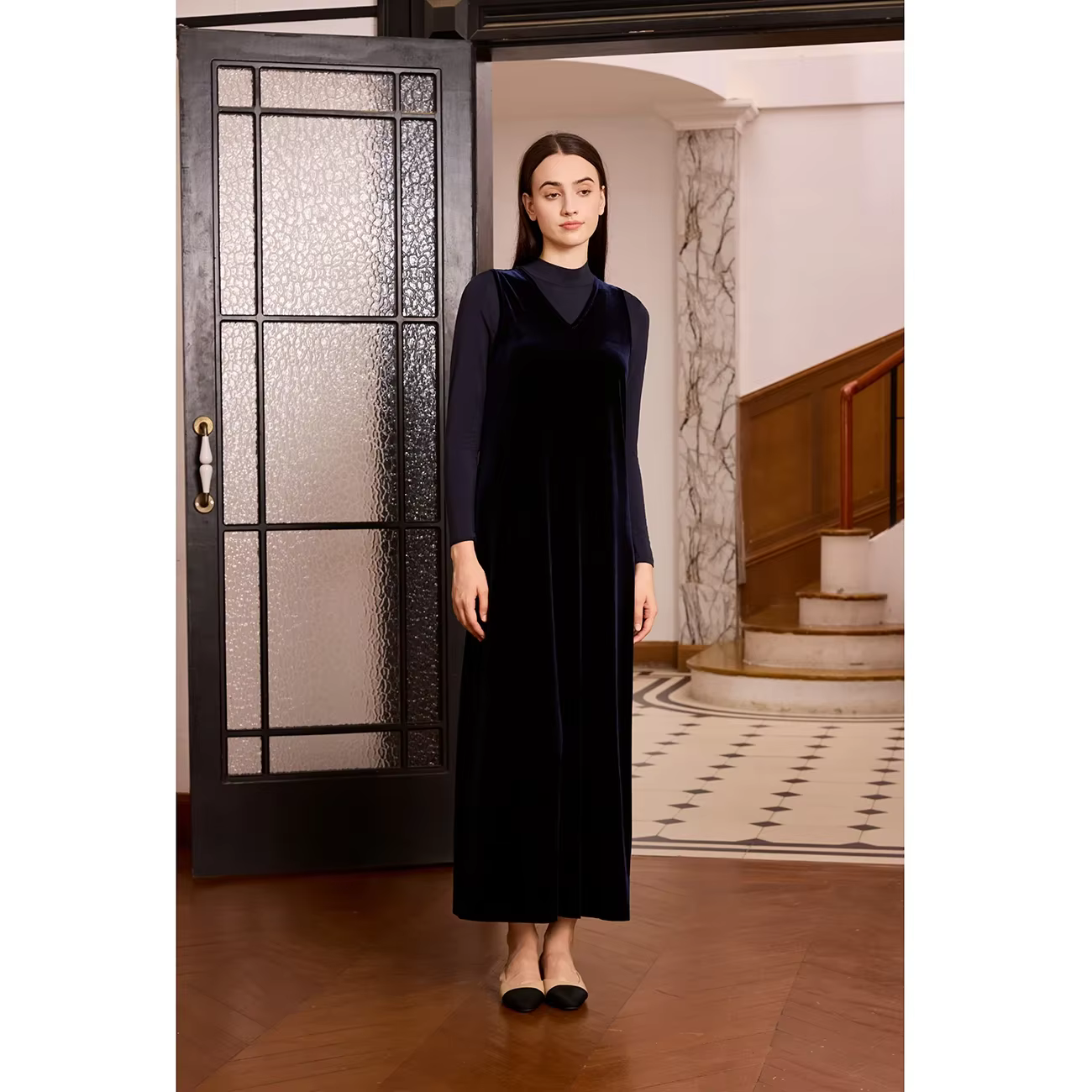 Velvet Maxi Dress with Mesh Shirt