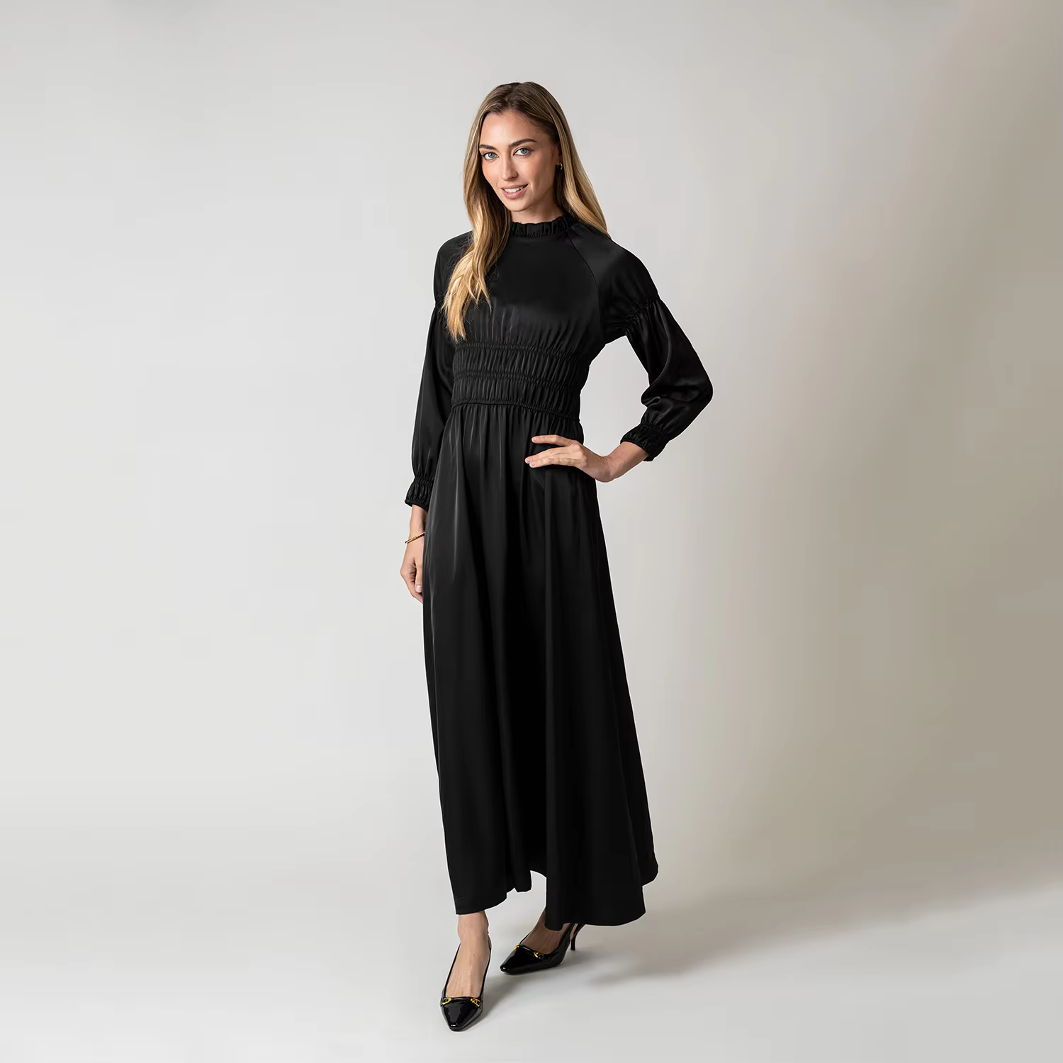 Black Satin Smocked Dress