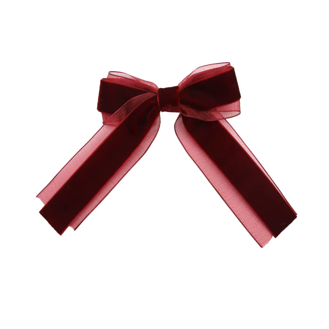 Wine Floral Velvet Bow Headband Medium Hair Clip