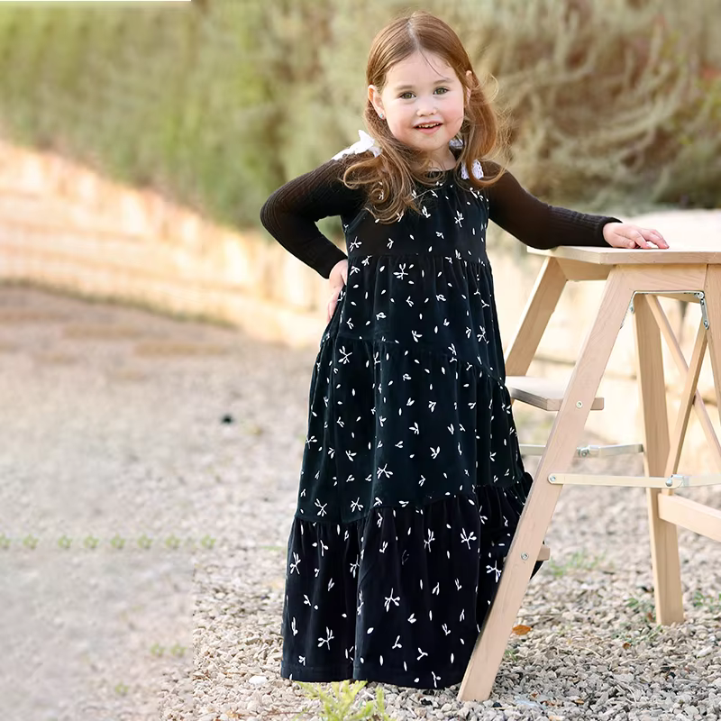 Black Velour Ribbon-Trim Girls' Maxi Dress from Bloom Family Fashion on AliExpress