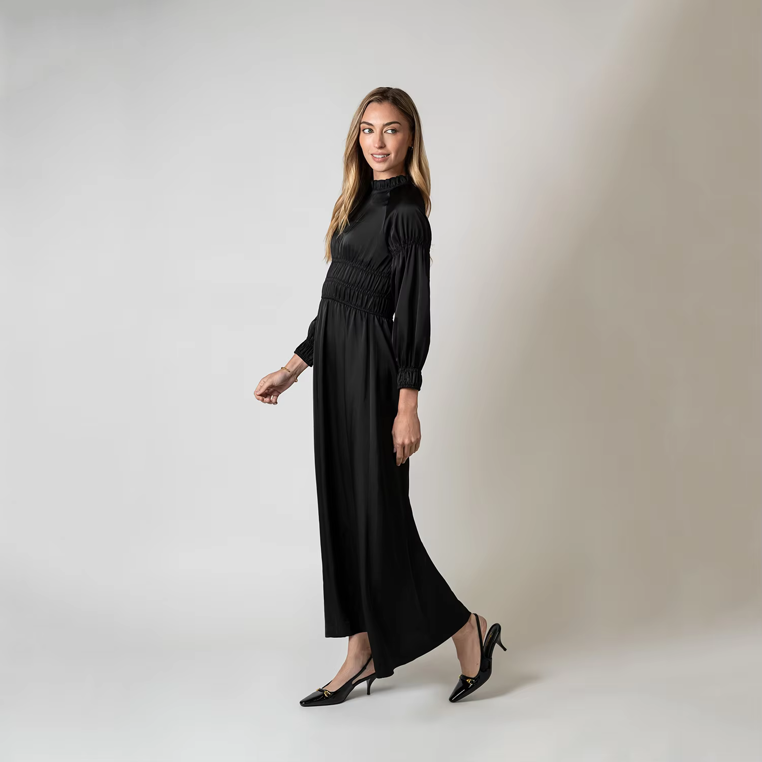 Black Satin Smocked Dress