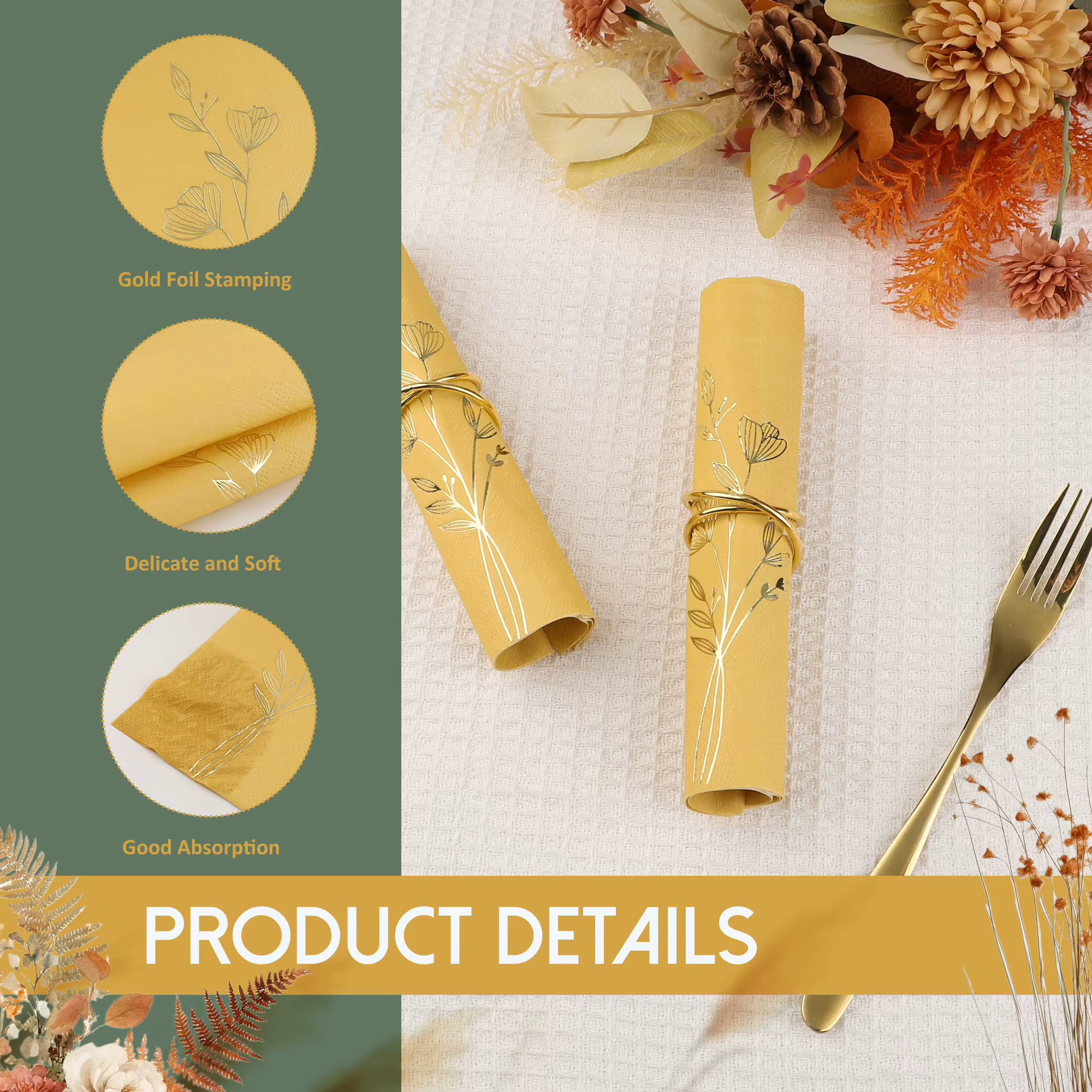 Gold Leaf Disposable Napkins – 20/60 Pack