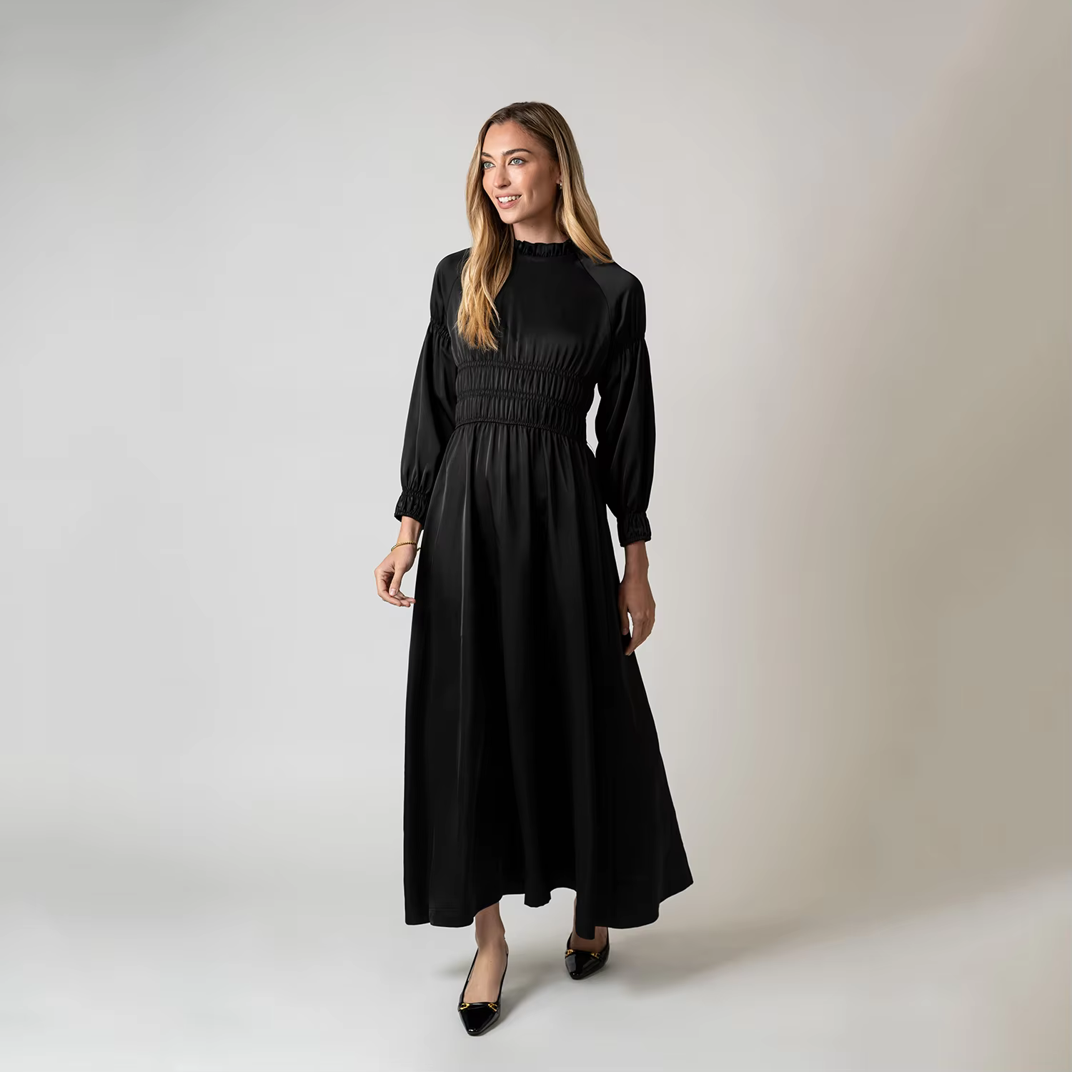 Black Satin Smocked Dress