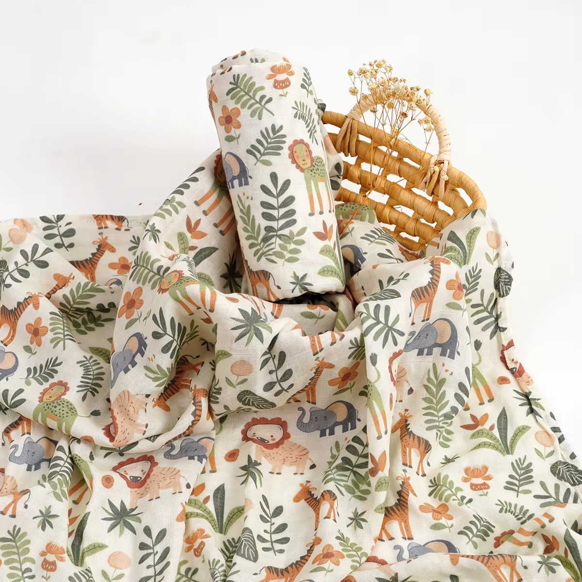 Bamboo muslin swaddle with a painted botanical print