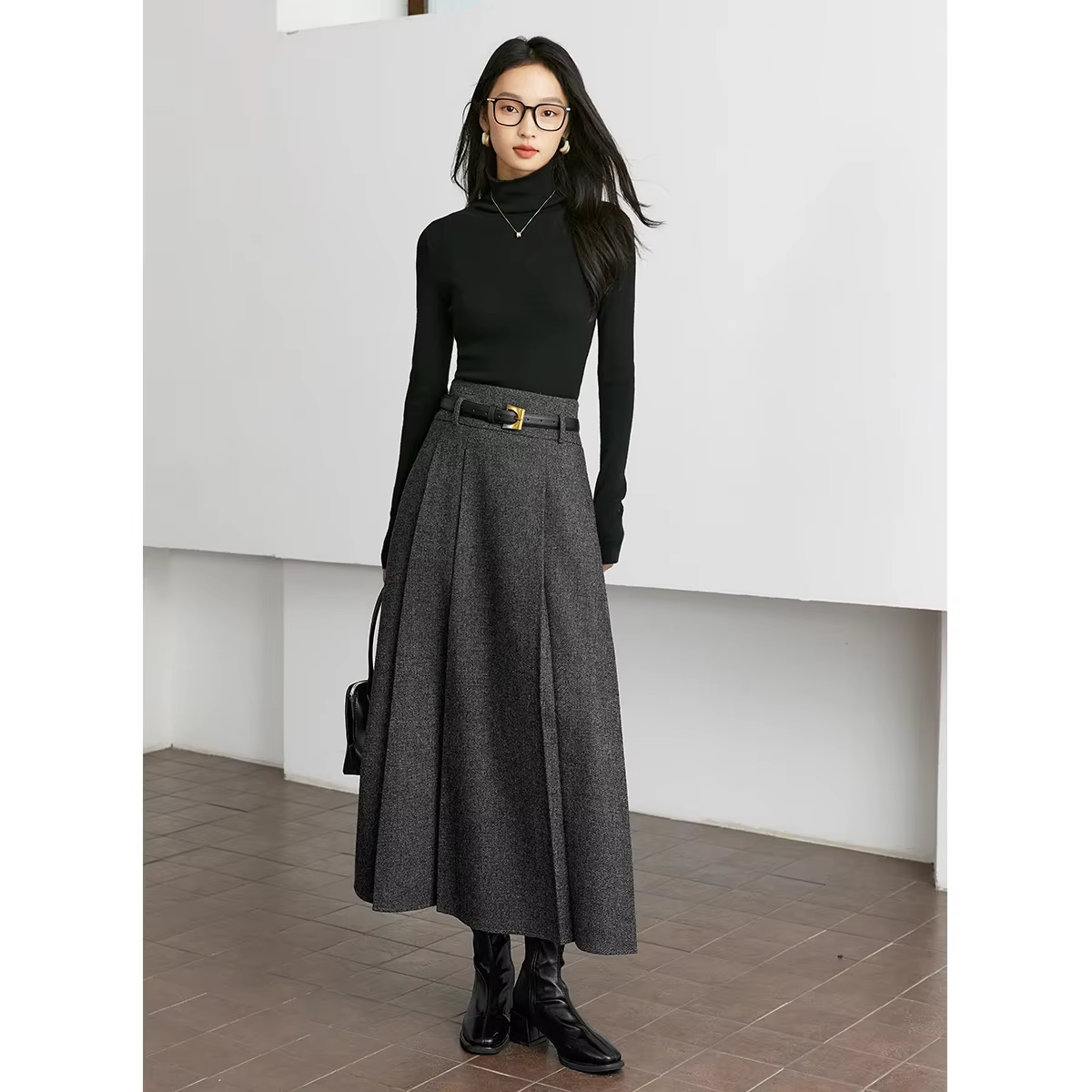 Wool-Blend Pleated Maxi Skirt