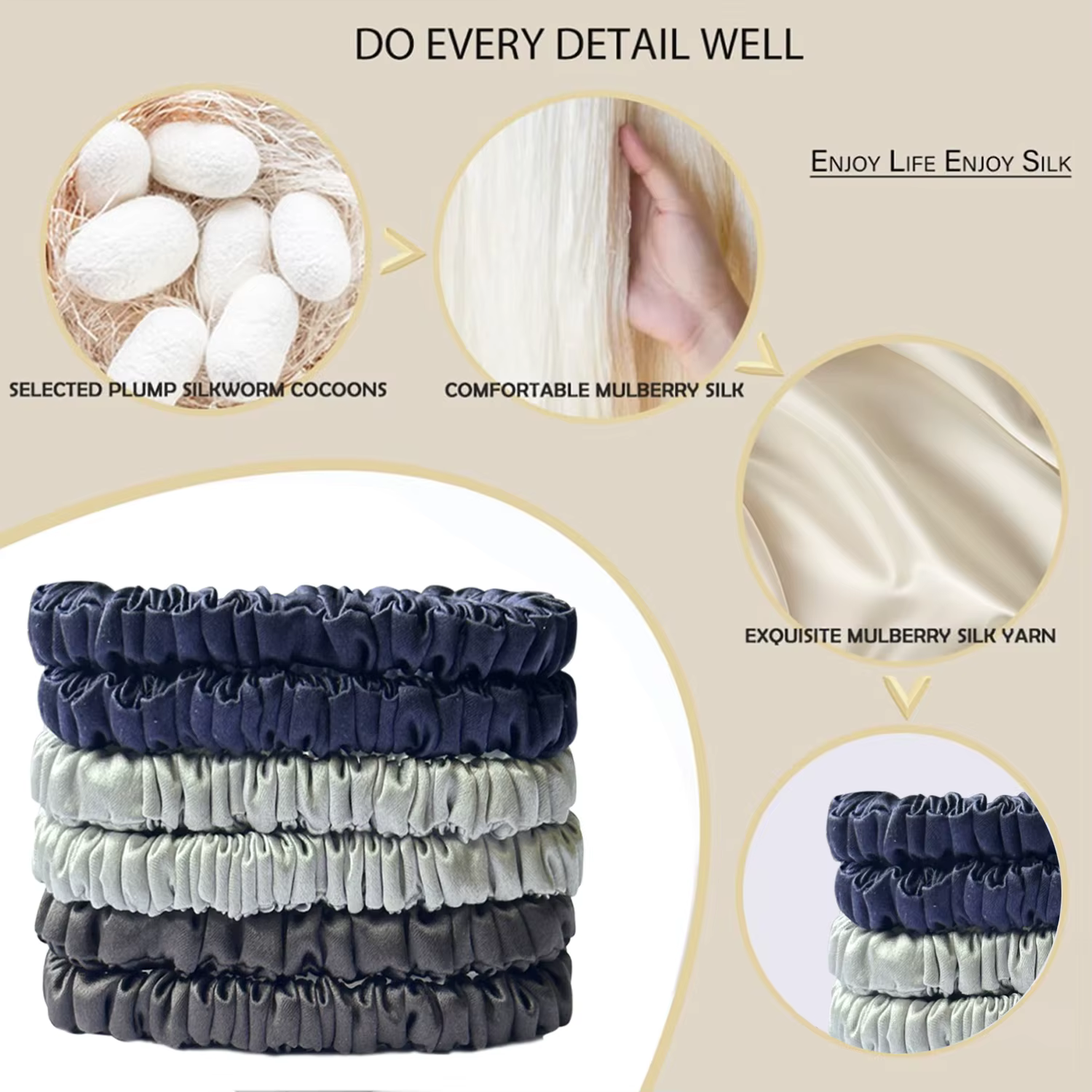 6Pcs 100% Pure Mulberry Silk Hair Scrunchie Handmade Hairbands