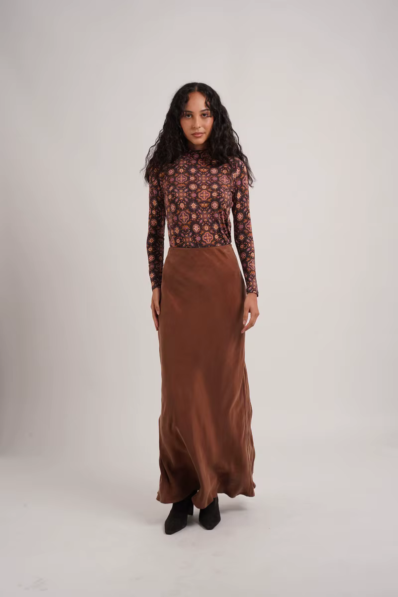 Cupro Skirt Collection – Navy Print Mockneck