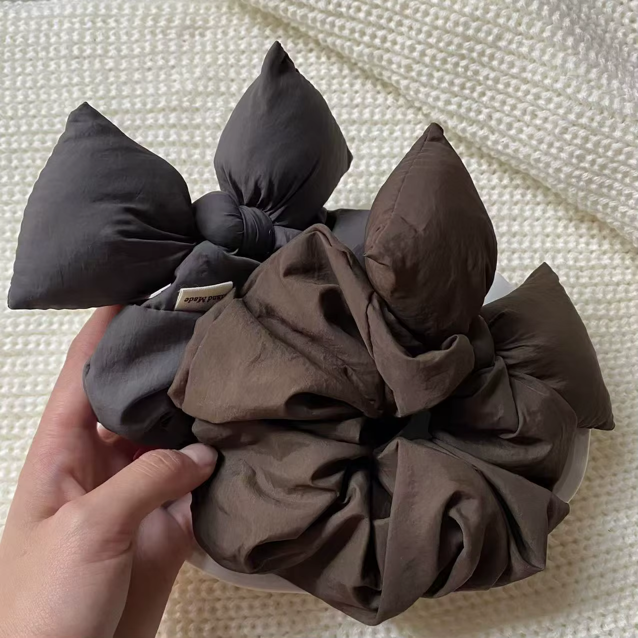 Women'S Autumn Winter Daily Solid Color Bow Scrunchies Brown&Gray
