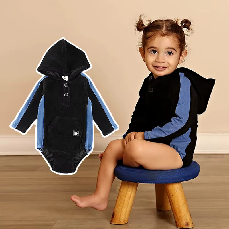 Black & Blue Corduroy Pocket Baby Romper from Yibebe on AliExpress