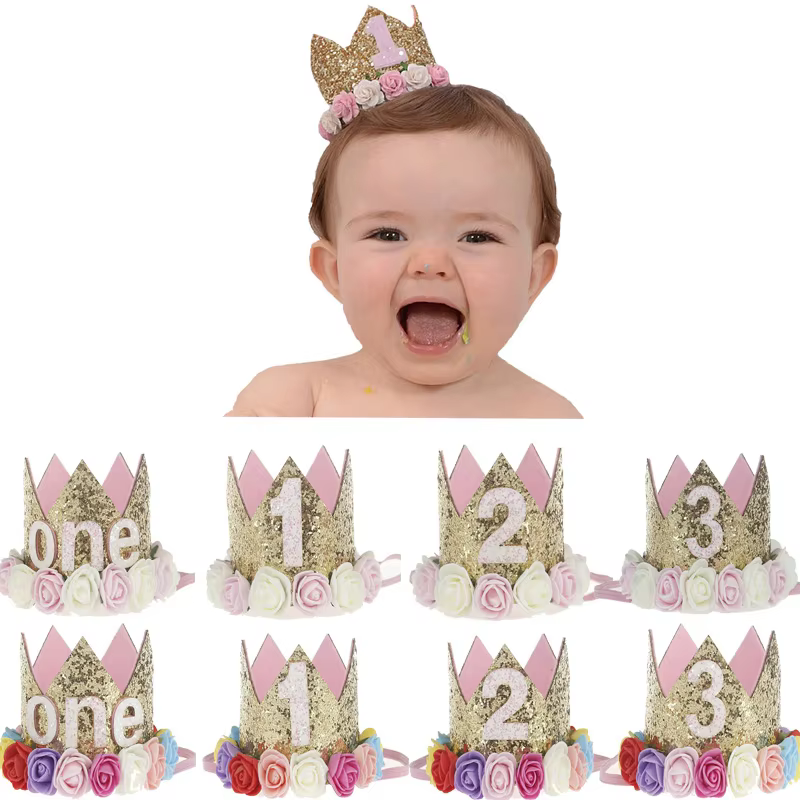 Pink Flower Sequin Birthday Crown