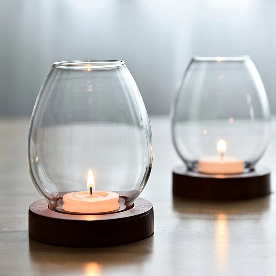 Glass Candle Holder with Wooden Base
