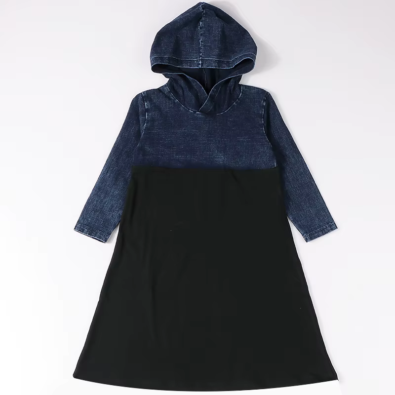 Black & Blue Denim Hooded Girls' Maxi Dress from Bloom Family Fashion on AliExpress