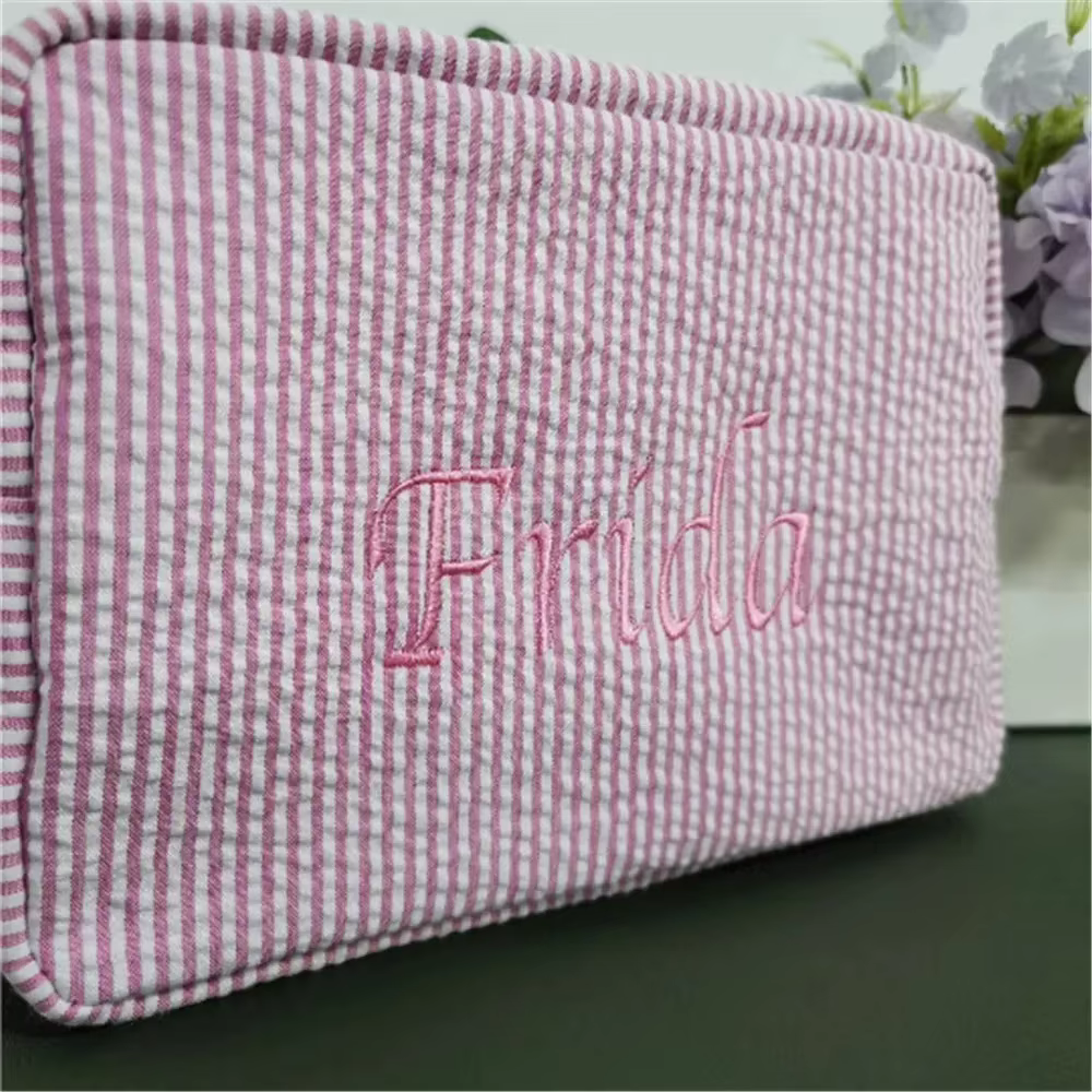 Embroidered Name Seersucker Make-up Bag