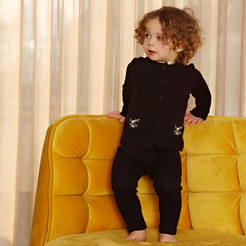 Black Floral Embroidery Kids' Top & Trousers Set from Bloom Family Fashion on AliExpress