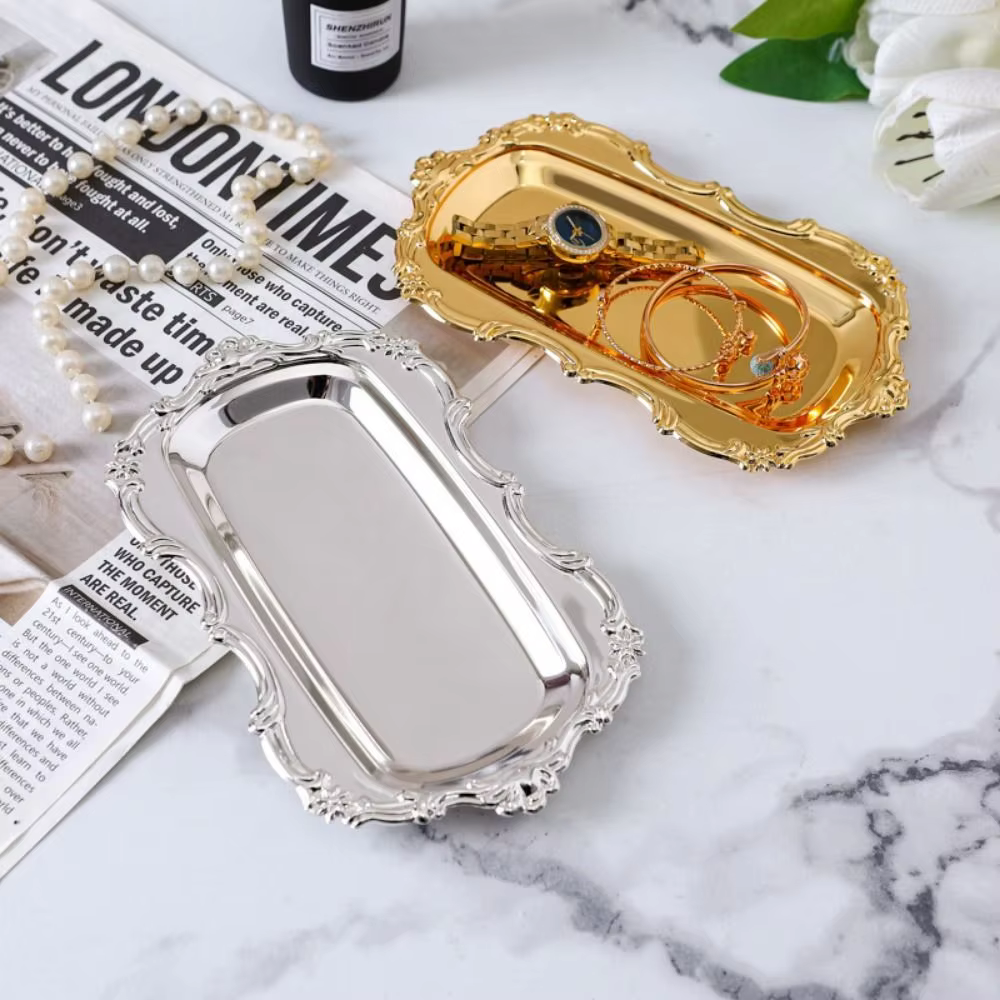 European Vintage Embossed Tray Embossed Design Gold Silver