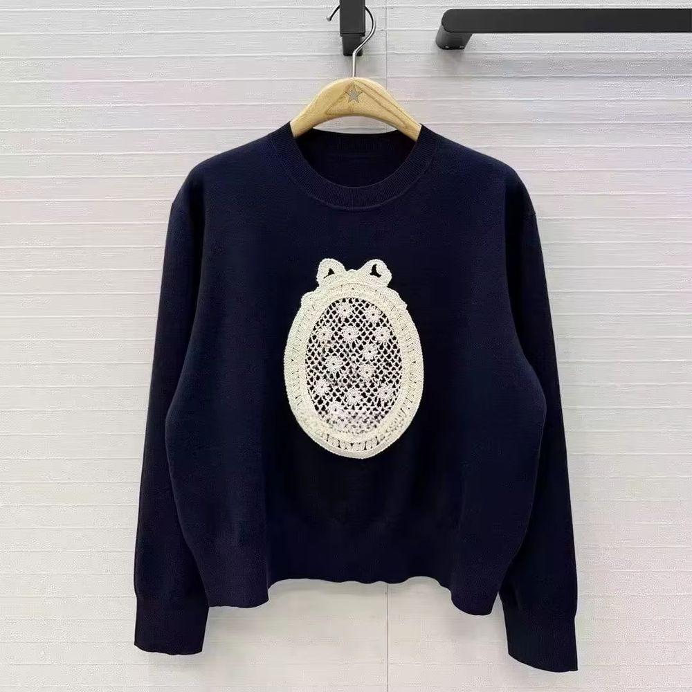 Lace-Embroidered Wool Knit Sweater