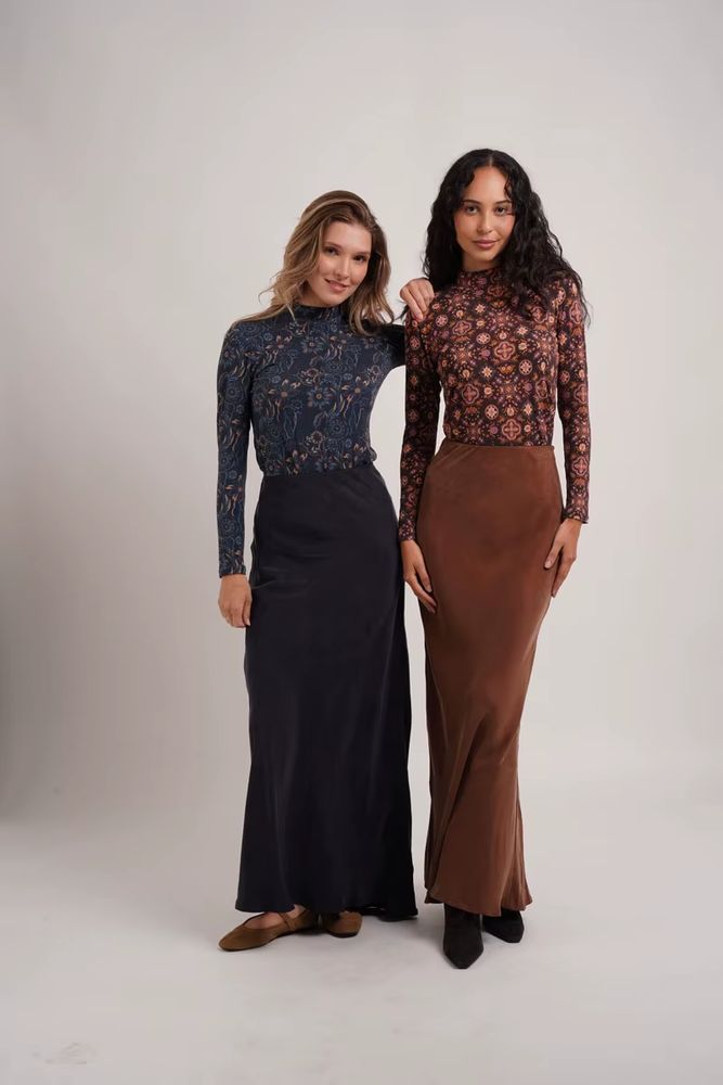 Cupro Skirt Collection – Brown Print Mockneck