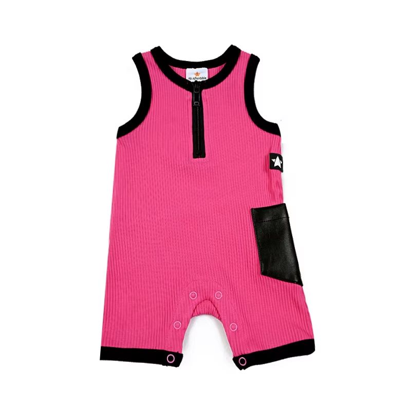 Leather Pocket Ribbed Collection – Pink Baby Romper