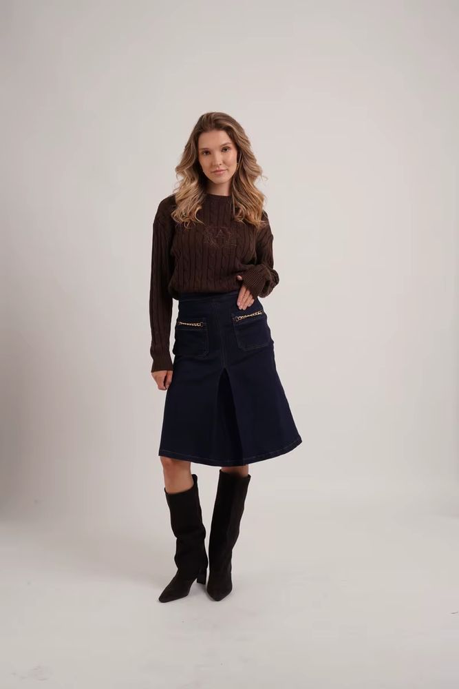 Denim Chain-Pocket Midi Skirt – Black