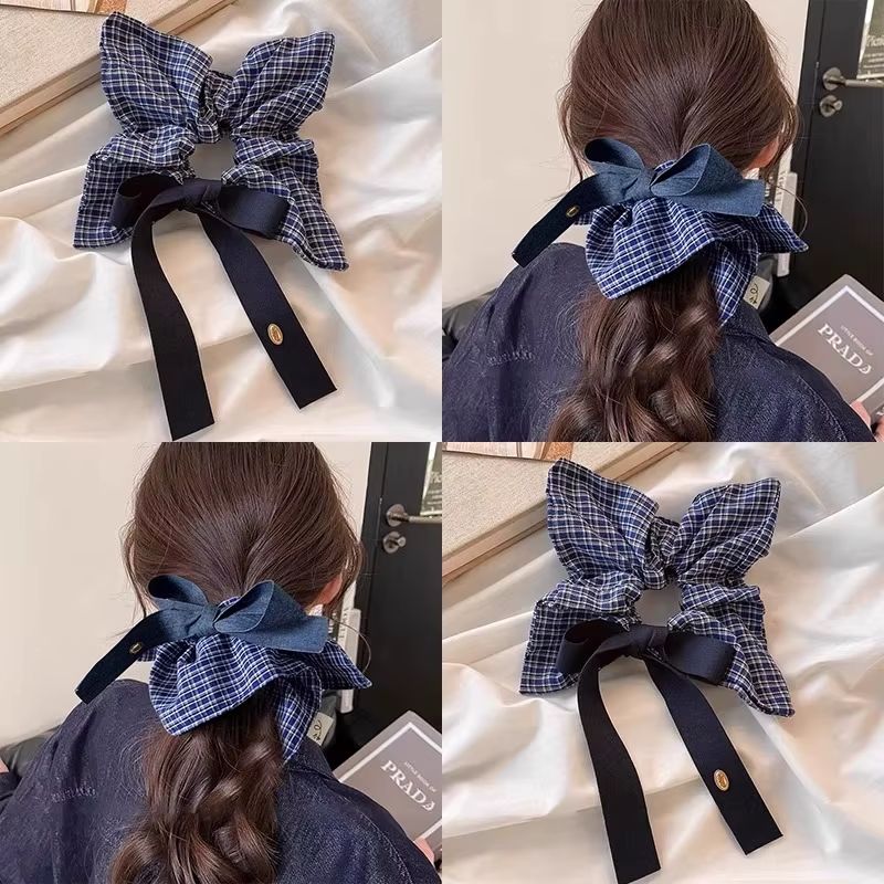 Korean Vintage Denim Blue Square Scrunchie Hair Tie Elastic