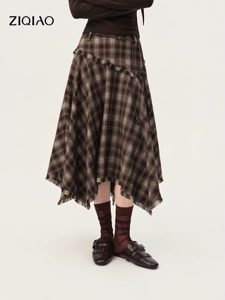 Plaid Asymmetric Maxi Skirt