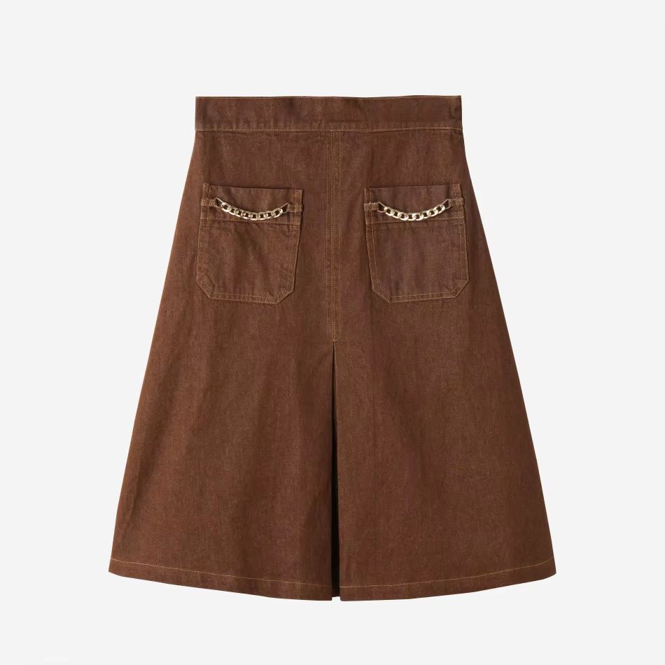 Denim Chain-Pocket Midi Skirt – Brown – Ali Specials AW26