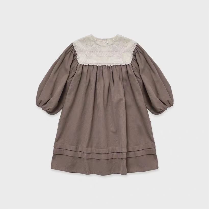 Girls' Taupe Puff-Sleeve Collar Dress