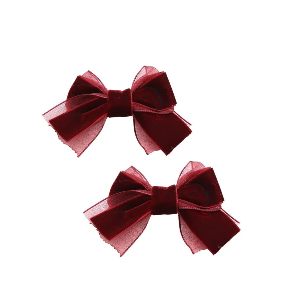 Wine Floral Velvet Bow Headband Mini Hair Clip