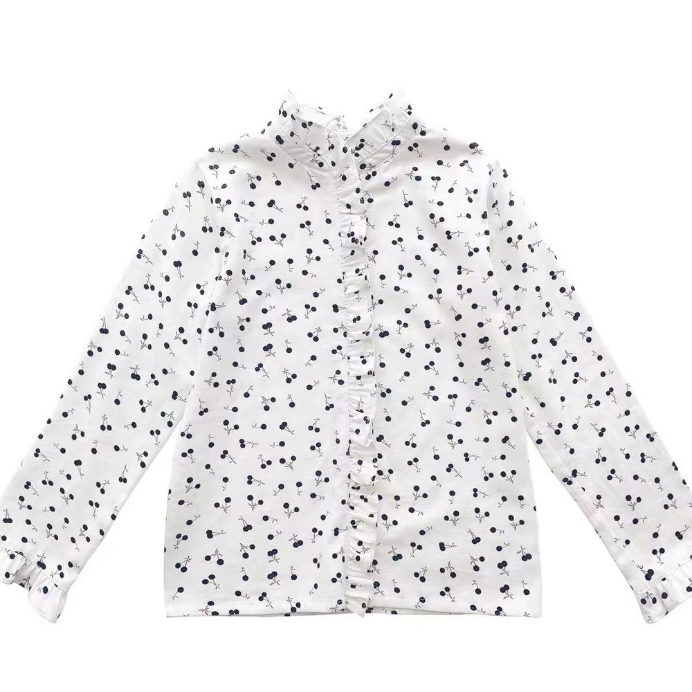 Girls' White Cherry-Print Ruffle Blouse