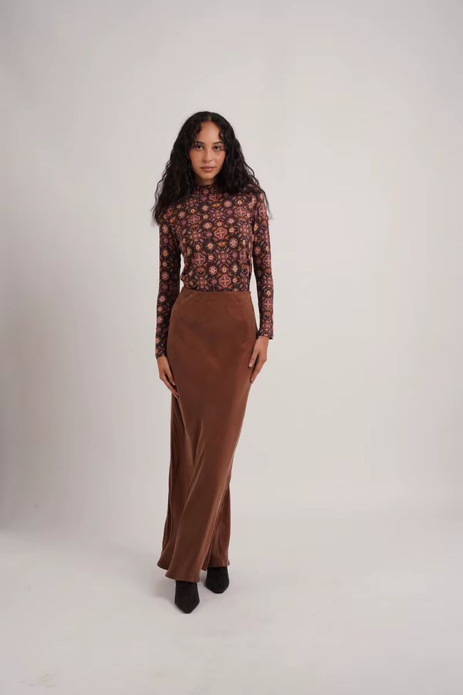 Cupro Skirt Collection – Brown Print Mockneck
