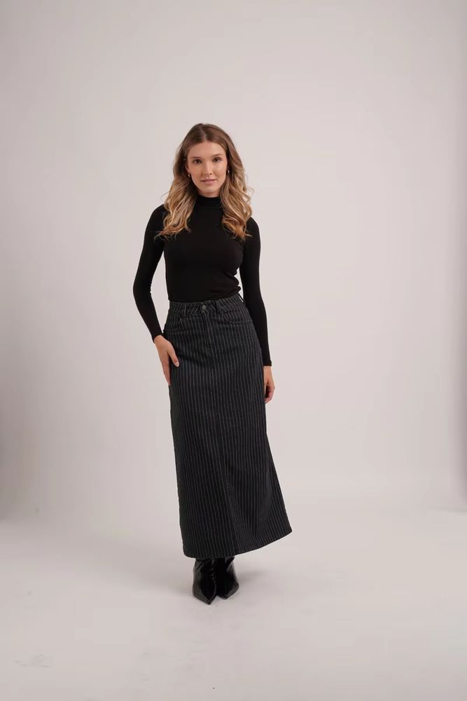Black Pinstripe Denim Skirt – Blue