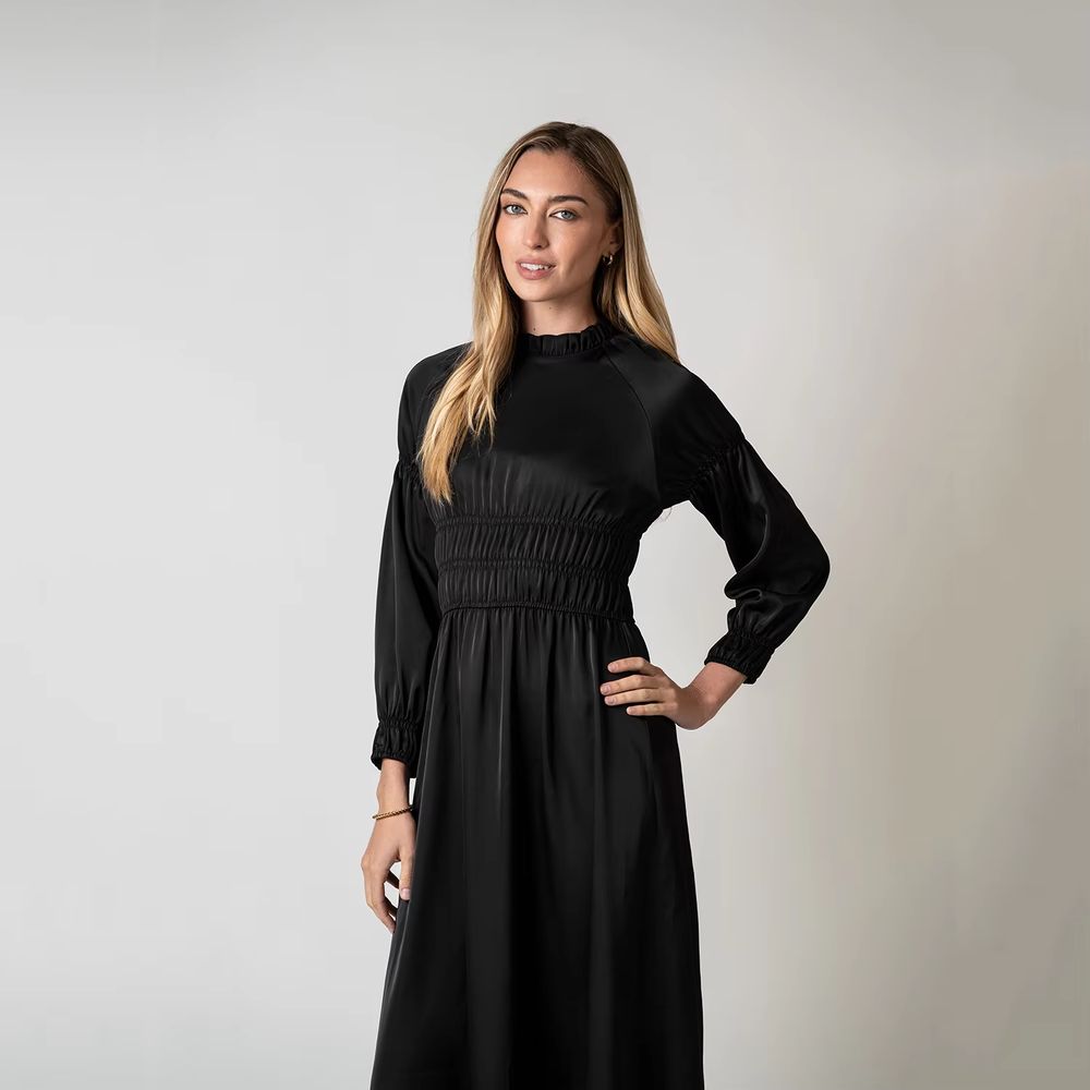 Black Satin Smocked Dress