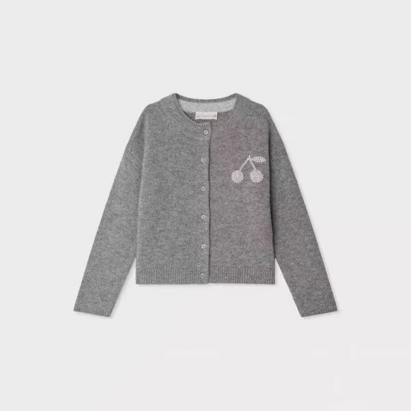 Girls' Grey Cherry-Embroidered Cardigan