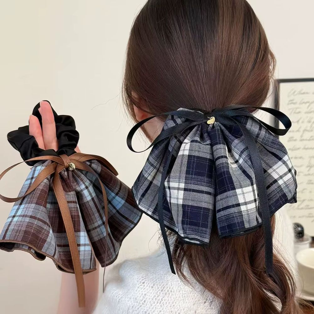 Bow Ribbon Plaid Skirt Large Scrunchie Ponytail Hair Tie
